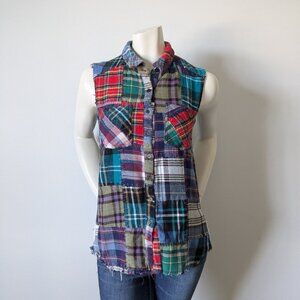 We The Free - "Lost in Plaid" Patchwork Crochet Sleeveless Shirt - Size S